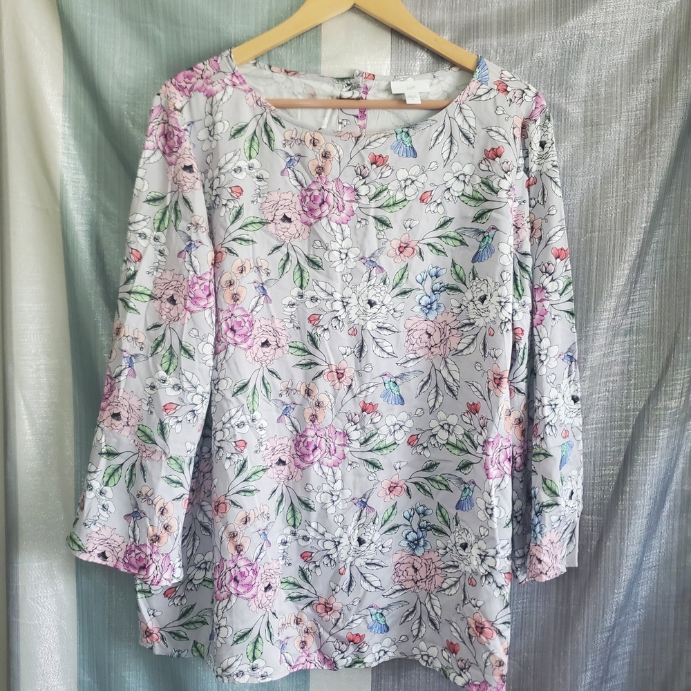 J. Jill Womens XL Floral Hummingbird Viscose Blouse Gray Pink Long Sleeve Top